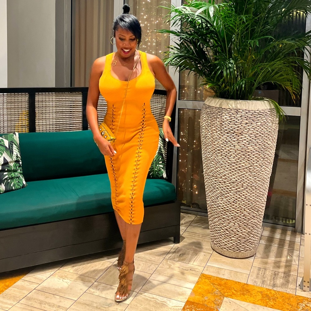 Ribbed mustard tank dress with peekaboo lace ups from bottom to high waist. - Picture 2 of 3